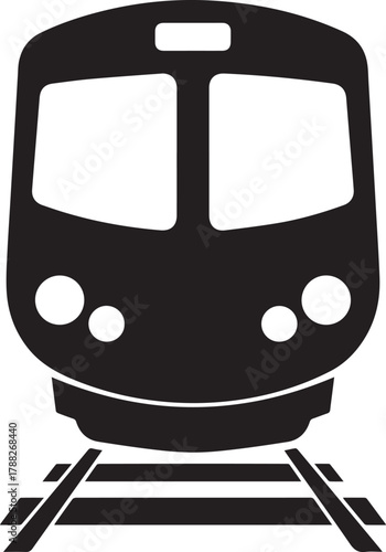 A stark black and white silhouette of the front of a modern electric train with its headlights illuminated depicted from a frontal perspective positioned on a set of railway tracks conveying a sense o