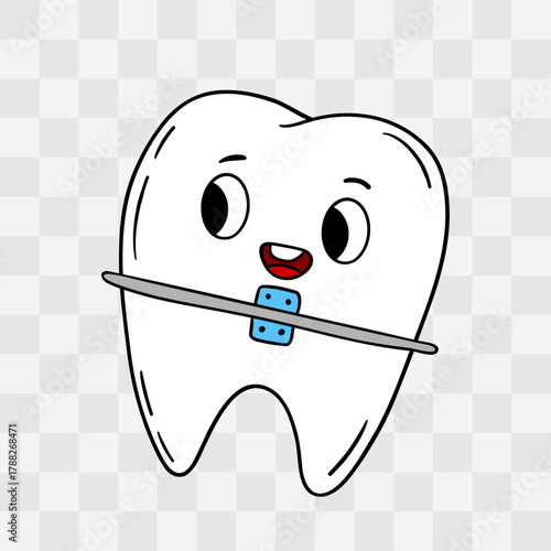 Hand-drawn cute tooth with braces smiling happily. Fun and friendly dental character illustration orthodontic clinics, dental posters, kids’ dental education, and oral hygiene materials