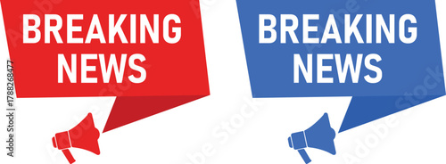 Two stylized speech bubble banners one red and one blue with the words breaking news in bold white lettering and a small megaphone icon at the bottom of each banner