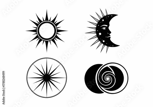 Vector collection of celestial sun, moon, and spiral symbols for astrology and cosmic themed design.
