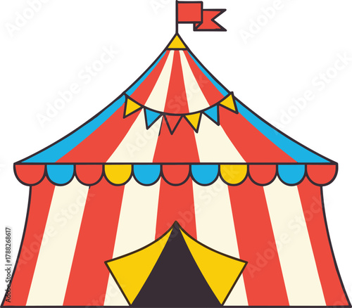 Colorful circus tent illustration with red, yellow, and blue stripes, festive carnival vector design, funfair entertainment icon isolated on white background