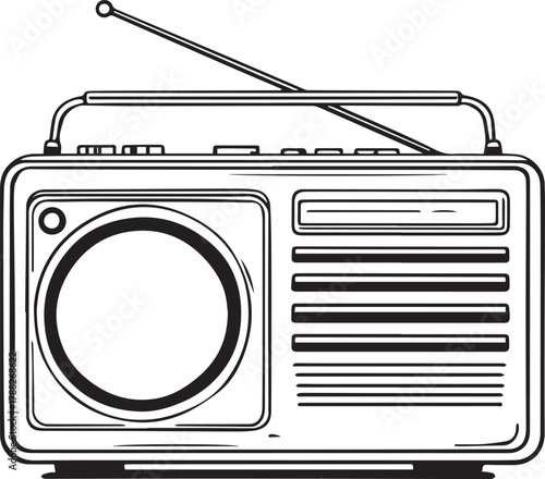 Vintage portable radio with circular speaker, grill lines, and antenna illustrated in black and white style
