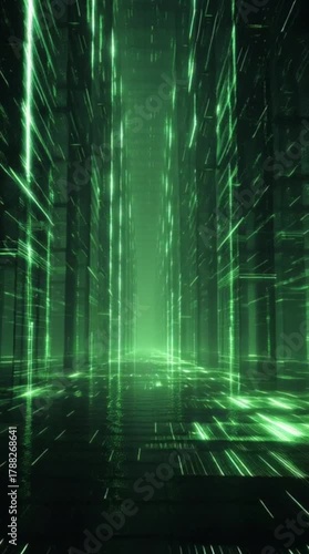 Abstract digital tunnel with glowing green lines representing data flow and technology in a futuristic cyberspace.