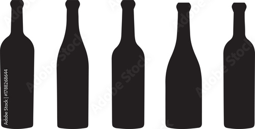 A clean minimalist silhouette of five dark glass wine bottles arranged in a row against a stark white background showcasing their classic shapes and representing beverage storage and collection