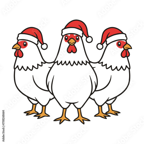 Three Christmas Chickens in Santa Hats Vector