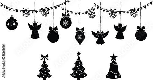 Christmas silhouette, festive decorations, angel ornaments, holiday tree, snowflake design, black vector, seasonal clipart, elegant art, winter decor, hanging elements