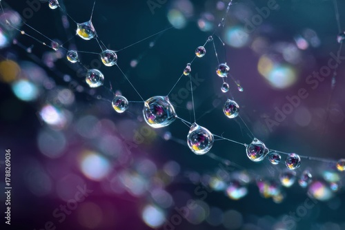 Close-up of water droplets on a spider web with bokeh background.