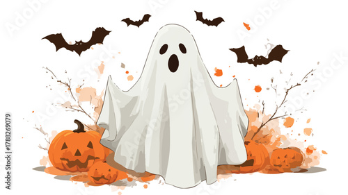 Spooky Ghost with Bats and Pumpkin Vector Illustration