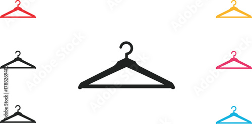 Colorful clothes hanger icons isolated on white background, minimalist fashion design concept, wardrobe organization, retail clothing, laundry symbol illustration