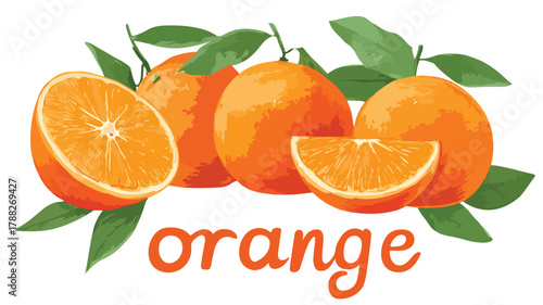 Vibrant Image of Oranges with Word Orange on One Orange - Citrus Fruit Concept