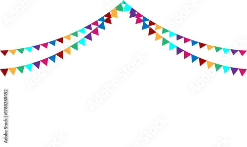 Colorful festive bunting flags decoration on transparent background – vibrant triangular pennant garlands for party, celebration, carnival, or festival banner design