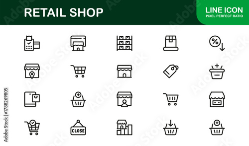 Retail Shop Bold Icon Set. Strong, prominent icons for store management, sales tracking, and customer service dashboards.
