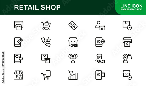 Retail Shop Outline Icon Set. Professional, detailed icons for store operations, cashier management, and product catalog tracking.
