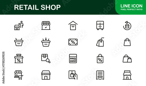 Retail Shop Thin Icon Set. Lightweight, precise icons for inventory monitoring, sales tracking, and customer service workflows.
