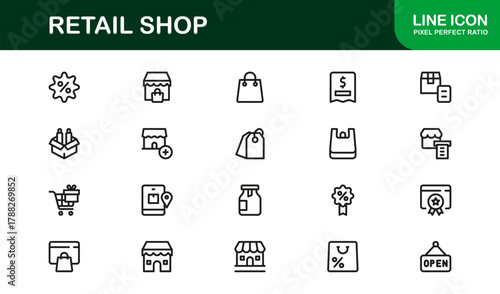 Retail Shop Glyph Icon Set. Functional, versatile icons representing sales dashboards, inventory tracking, and customer management tools.
