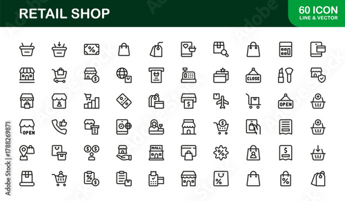 Retail Shop Stroke Icon Set. Detailed, professional icons for inventory control, store management, and sales analysis.

