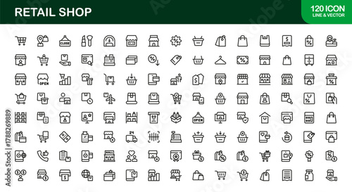 Retail Shop Creative Icon Set. Bright, engaging icons for sales tracking, customer interactions, and product management tools.
