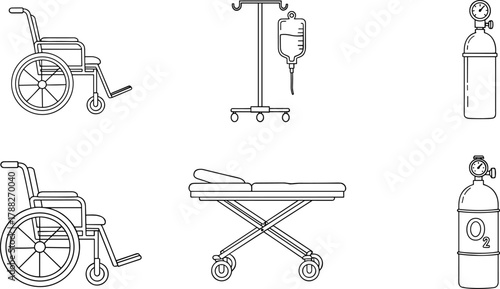 Medical equipment icons, wheelchair, IV stand, stretcher, oxygen tank, hospital tools, patient care devices, vector set, healthcare graphic