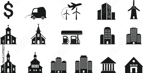 Infrastructure icons, energy sources, transportation, financial symbols, silhouette buildings, wind turbines, churches, gas station, school, bank, urban planning, black and white