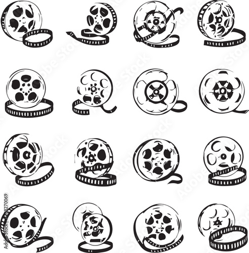 Film reel and strip silhouette grid — black and white illustration of sixteen cinematic icons in varied styles and orientations