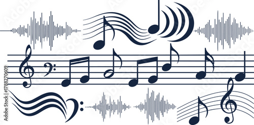 music, sound, notes, treble, bass, clef, wave, rhythm, melody, harmony, abstract, staff, artistic, composition, dynamic, energy, audio, swirl, decorative, expression