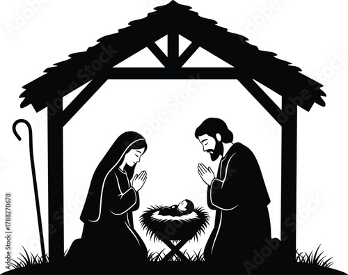 Nativity scene silhouette, Christmas stable icon, baby Jesus manger, Mary Joseph prayer, religious clipart, black white vector, holy birth