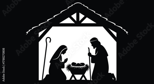 Nativity scene silhouette, holy family illustration, baby Jesus manger, Christmas stable icon, religious clipart, black white vector, prayer pose