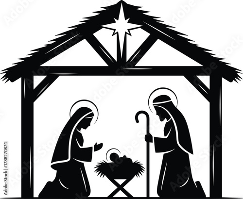 Nativity scene silhouette, holy family icon, baby Jesus manger, star of Bethlehem, Christmas stable, religious clipart, black white vector