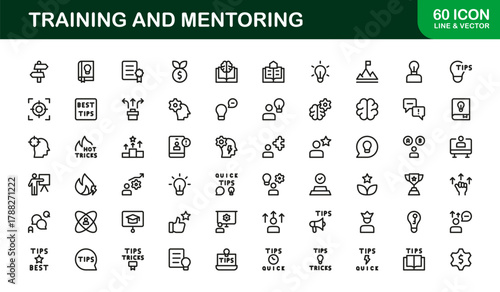 Mentoring and Training Line Icon Set. Streamlined, professional icons for educational programs, coaching dashboards, and skill development workflows.
