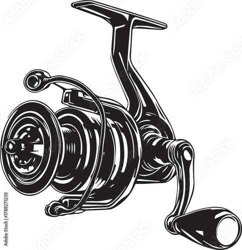 Spinning fishing reel silhouette — black and white illustration of detailed sport reel with spool, bail arm, and handle