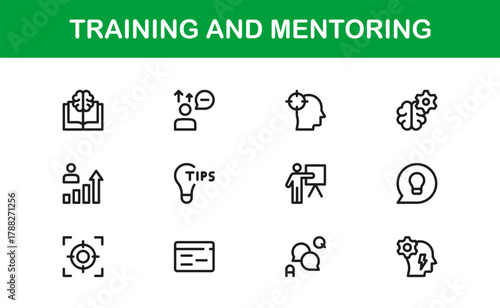 Mentoring and Training Outline Icon Set. Professional, detailed icons for coaching programs, educational sessions, and mentoring workflows.
