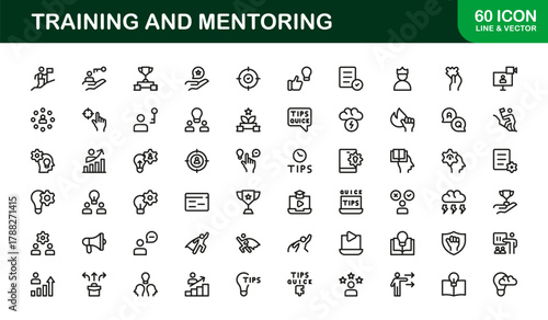 Mentoring and Training Line Icon Set. Modern, professional icons illustrating coaching sessions, skill development, and educational workflow tools.
