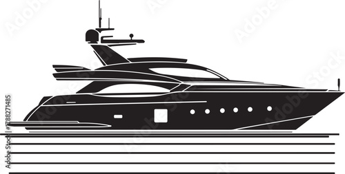 Luxury Yacht Black and White Illustration,
Modern Motorboat Vector on Water,
Elegant Yacht Silhouette Reflection Design