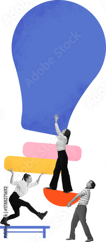 Φωτογραφία Colorful art of business people supporting large light bulb on transparent background