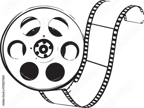 Film reel with unwinding strip — black and white illustration of cinematic reel and flowing filmstrip symbolizing motion and media