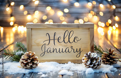 Hello January text on a wooden sign with lights and snow on background
