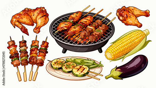 UntitledBarbecue food collection, cartoon hand-drawn vector illustrations, grilled meat, grilled corn, grilled eggplant, grilled chicken wings, grilled skewers