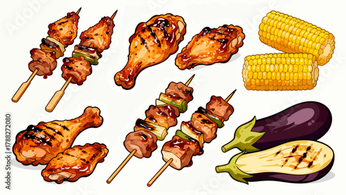 UntitledBarbecue food collection, cartoon hand-drawn vector illustrations, grilled meat, grilled corn, grilled eggplant, grilled chicken wings, grilled skewers