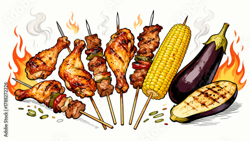 UntitledBarbecue food collection, cartoon hand-drawn vector illustrations, grilled meat, grilled corn, grilled eggplant, grilled chicken wings, grilled skewers