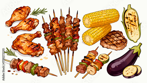 UntitledBarbecue food collection, cartoon hand-drawn vector illustrations, grilled meat, grilled corn, grilled eggplant, grilled chicken wings, grilled skewers