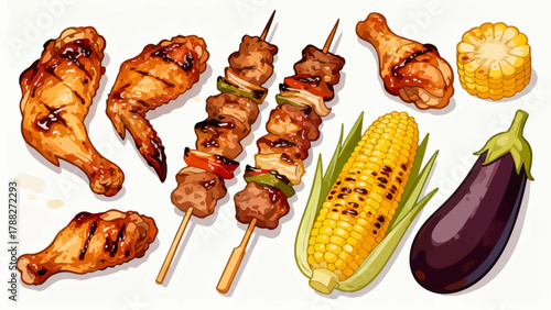 UntitledBarbecue food collection, cartoon hand-drawn vector illustrations, grilled meat, grilled corn, grilled eggplant, grilled chicken wings, grilled skewers