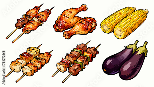 UntitledBarbecue food collection, cartoon hand-drawn vector illustrations, grilled meat, grilled corn, grilled eggplant, grilled chicken wings, grilled skewers