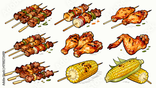 UntitledBarbecue food collection, cartoon hand-drawn vector illustrations, grilled meat, grilled corn, grilled eggplant, grilled chicken wings, grilled skewers