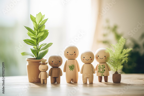Joyful wooden family figures with plants symbolizing growth, nature, and happiness in a bright, natural setting