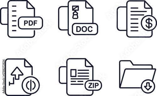 Digital file icons, PDF DOC ZIP folder, upload download symbols, billing document, data report, vector interface graphic set
