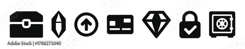 Set of security and finance icons: vault, diamonds, card, and lock symbols