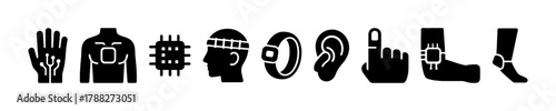 Futuristic wearable technology icons featuring human body interfaces