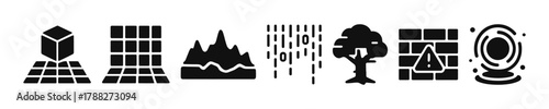 Urban and natural elements icons set featuring maps, mountains, rain, trees, warning signs, globe