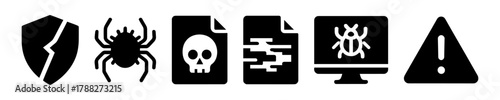 Cybersecurity threat icons: virus, malware, data breach, warning, protection