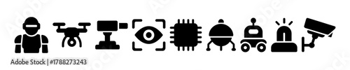 Ai and robotics icons: drones, surveillance, and technology symbols